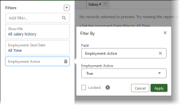 Screenshot showing employment active filter set to true